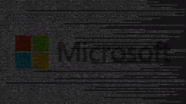 Logotipo de Microsoft hecho de código fuente en la pantalla del ordenador. Animación loopable editorial — Vídeos de Stock