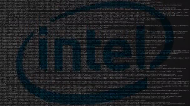 Logo Intel Corporation z zdrojový kód na obrazovce počítače. Redakční loopable animace — Stock video