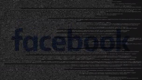 Logo Facebook fatto di codice sorgente sullo schermo del computer. Animazione editoriale loop — Video Stock