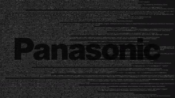 Panasonic Corporation λογότυπο κατασκευάζονται από πηγαίο κώδικα στην οθόνη του υπολογιστή. Editorial loopable κινούμενα σχέδια — Αρχείο Βίντεο