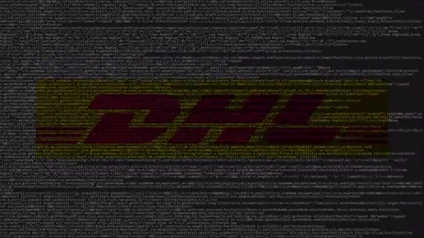 Logo DHL Express realizzato con codice sorgente sullo schermo del computer. Animazione editoriale loop — Video Stock