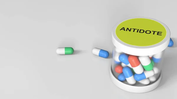 Antidote drug capsules in a jar. 3D rendering — Stock Photo, Image