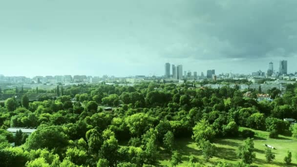 Warschauer Stadtbild hinter dem Park, Luftaufnahme — Stockvideo