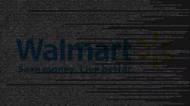 Walmart λογότυπο κατασκευάζονται από πηγαίο κώδικα στην οθόνη του υπολογιστή. Editorial loopable κινούμενα σχέδια — Αρχείο Βίντεο