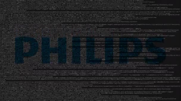 Philips logo vyrobené z zdrojový kód na obrazovce počítače. Redakční loopable animace — Stock video