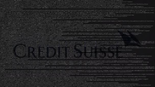 Logotipo de Credit Suisse hecho de código fuente en la pantalla del ordenador. Animación loopable editorial — Vídeos de Stock