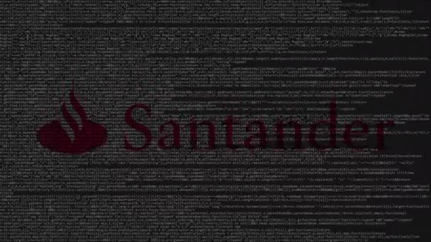 サンタンデール銀行のロゴはコンピューターの画面上のソース コードから成っています。編集の単発アニメ — ストック動画