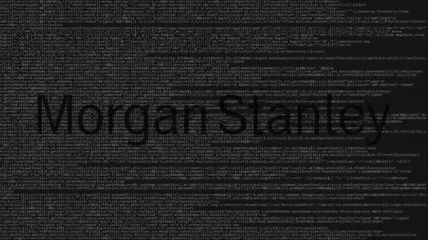 Logo de Morgan Stanley hecho de código fuente en la pantalla del ordenador. Animación loopable editorial — Vídeo de stock