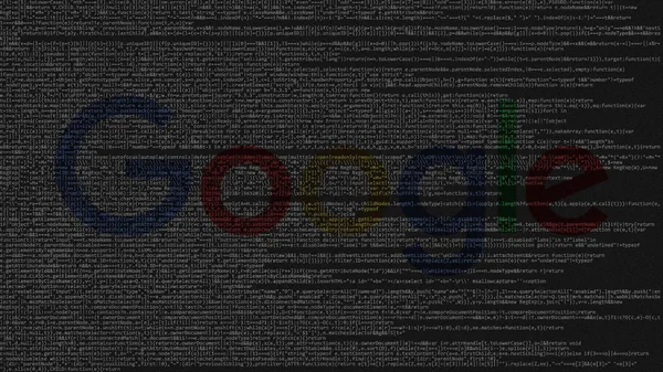 Λογότυπο της Google αποτελείται από πηγαίο κώδικα στην οθόνη του υπολογιστή. Συντακτική 3d rendering — Φωτογραφία Αρχείου