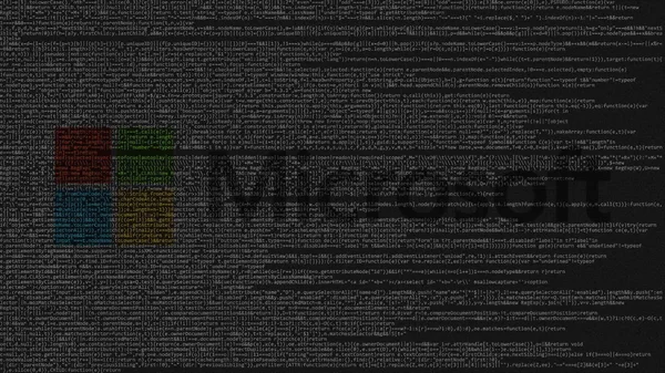 Логотип Microsoft из исходного кода на экране компьютера. Редакционная 3D рендеринг — стоковое фото