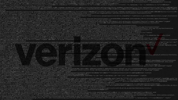 Verizon Communications λογότυπο κατασκευάζονται από πηγαίο κώδικα στην οθόνη του υπολογιστή. Συντακτική 3d rendering — Φωτογραφία Αρχείου