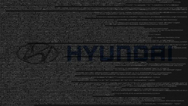 Hyundai logo gemaakt van broncode aanvragen op een computerscherm. Redactioneel 3D-rendering — Stockfoto