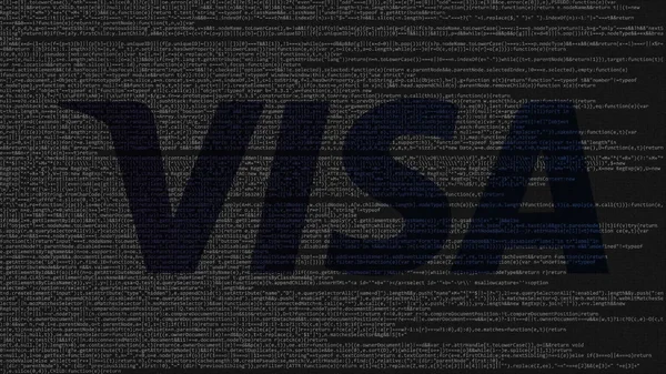 Logo de Visa Inc. hecho de código fuente en la pantalla del ordenador. Representación Editorial 3D — Foto de Stock