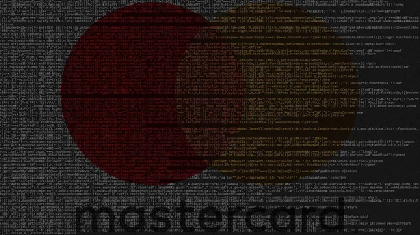 MasterCard logo gemaakt van broncode aanvragen op een computerscherm. Redactioneel 3D-rendering — Stockfoto
