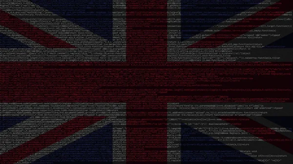 Kaynak kodu ve Birleşik Krallık bayrağı. İngiliz dijital teknoloji ya da programlama 3d işleme ile ilgili — Stok fotoğraf