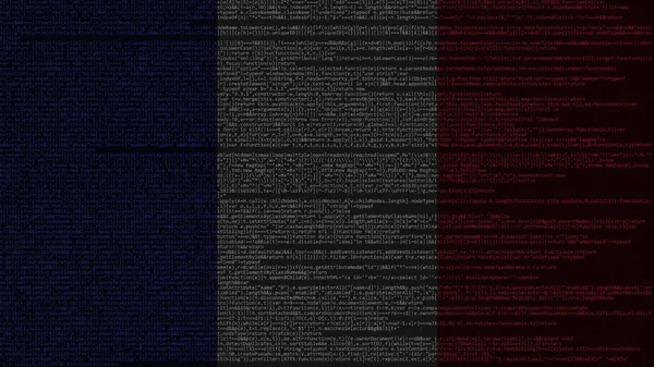 Código fonte e bandeira da França. Tecnologia digital francesa ou programação relacionada com a renderização 3D — Fotografia de Stock