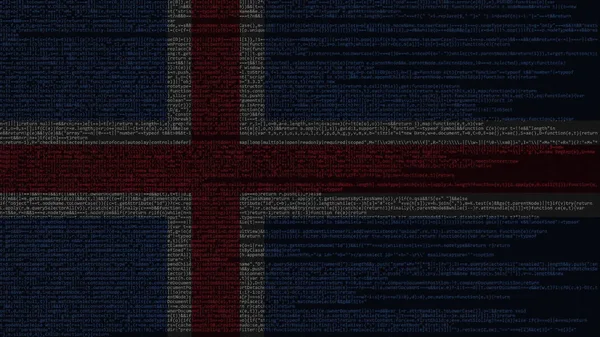 Kaynak kodu ve İzlanda bayrağı. İzlanda dijital teknoloji ya da programlama 3d işleme ile ilgili — Stok fotoğraf