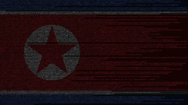 Zdrojový kód a vlajka Severní Koreje. Digitální technologie KLDR nebo programování související 3d vykreslování — Stock fotografie