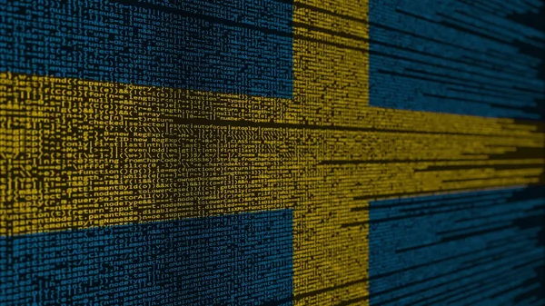 Κώδικα του προγράμματος και η σημαία της Σουηδίας. Σουηδικά-ψηφιακή τεχνολογία ή προγραμματισμού που σχετίζονται με 3d rendering — Φωτογραφία Αρχείου