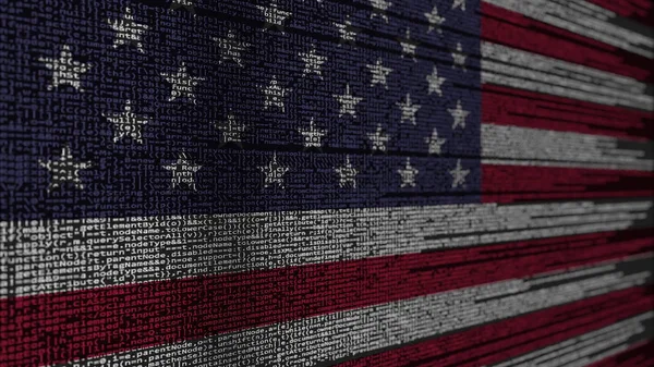 Código do programa e bandeira dos Estados Unidos. Tecnologia digital americana ou programação relacionada à renderização 3D — Fotografia de Stock