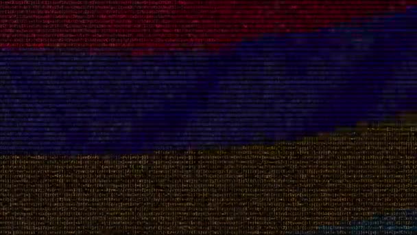 Ondeando la bandera de Armenia hecha de símbolos de texto en una pantalla de computadora. Animación conceptual loopable — Vídeo de stock