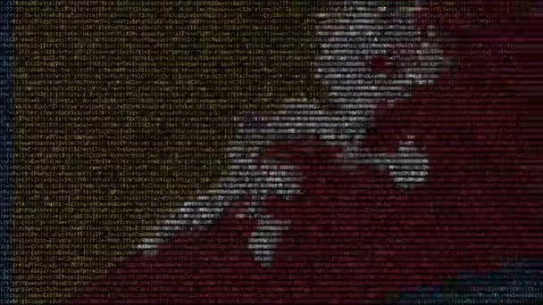 Ondeando la bandera de Bután hecha de símbolos de texto en la pantalla de una computadora. Animación conceptual loopable — Vídeo de stock