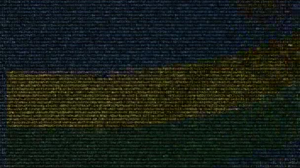 Ondeando la bandera de Ruanda hecha de símbolos de texto en la pantalla de una computadora. Animación conceptual loopable — Vídeo de stock