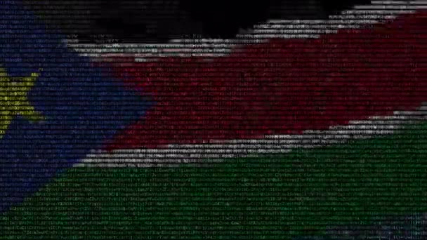 Κυματίζει σημαία του Νότιου Σουδάν φτιαγμένοι από σύμβολα κείμενο στην οθόνη του υπολογιστή. Εννοιολογική loopable κινούμενα σχέδια — Αρχείο Βίντεο