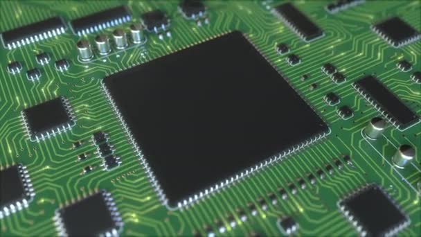 Señales eléctricas en PCB verde o placa de circuito impreso. Animación conceptual relacionada con la tecnología informática — Vídeos de Stock