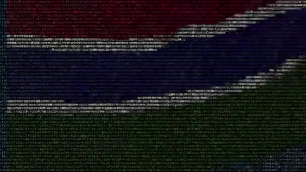 Ondeando la bandera de Gambia hecha de símbolos de texto en una pantalla de computadora. Animación conceptual loopable — Vídeo de stock