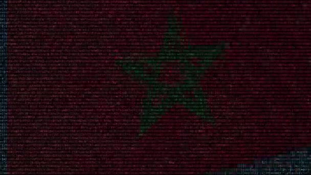 Ondeando la bandera de Marruecos hecha de símbolos de texto en una pantalla de computadora. Animación conceptual loopable — Vídeo de stock