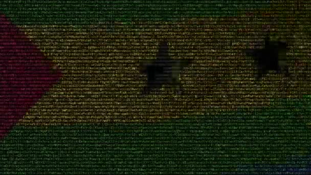 Ondeando la bandera de la República Democrática del Santo Tomé y Príncipe hecha de símbolos de texto en una pantalla de computadora. Animación conceptual loopable — Vídeo de stock
