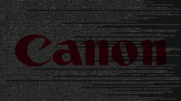 Логотип Canon Inc. сделан из исходного кода на экране компьютера. Редакционная цикличная анимация — стоковое видео