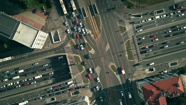 Aerial top down view of busy city streets intersection — Stock Photo, Image