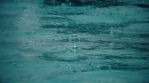 Slow motion shot of rain drops and bubbles on sea surface — Stock Video