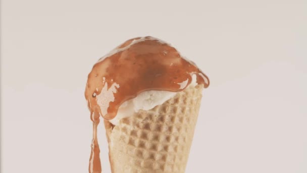 Ice cream cone with berry jam topping, close-up shot — Stock Video