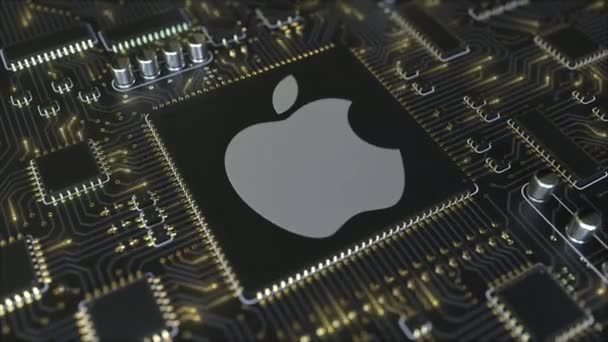 Placa de circuito impresso por computador ou PCB com logotipo da Apple Inc.. Animação conceitual editorial 3D — Vídeo de Stock