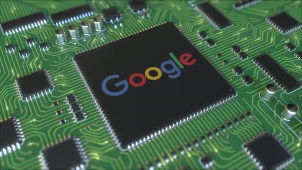 Компьютер печатной платы или печатной платы с логотипом Google. Концептуальная редакционная 3D анимация — стоковое видео
