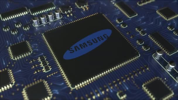 Computer printed circuit board or PCB with Samsung logo. Conceptual editorial 3D animation — Stock Video