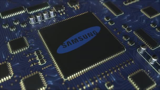 Bilgisayar baskılı devre kartı veya Pcb ile Samsung logo. Kavramsal editoryal 3d animasyon — Stok video