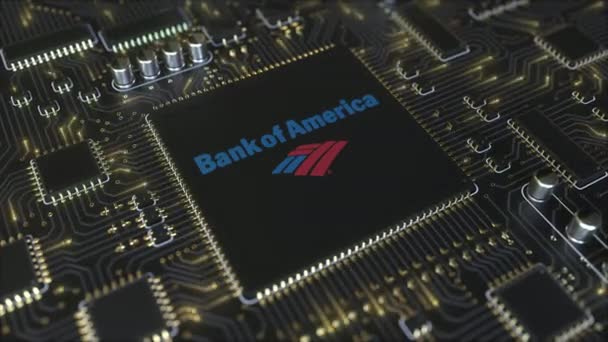 Számítógép nyomtatott áramköri vagy NYÁK-ba, a Bank of America Corporation logó. Fogalmi szerkesztői 3d animáció — Stock videók