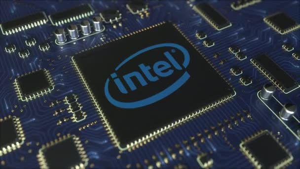 Dator kretskort eller Pcb med Intel Corporation logotyp. Konceptuella redaktionella 3d-animering — Stockvideo