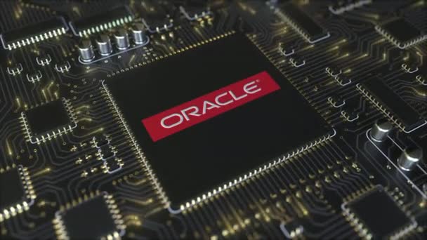 Computer printed circuit board or PCB with Oracle Corporation logo. Conceptual editorial 3D animation — Stock Video