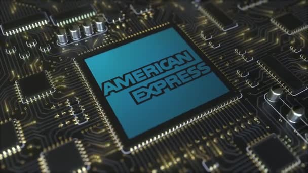 Desky s plošnými spoji počítači nebo Pcb s logem společnosti American Express. Konceptuální redakční 3d animace — Stock video