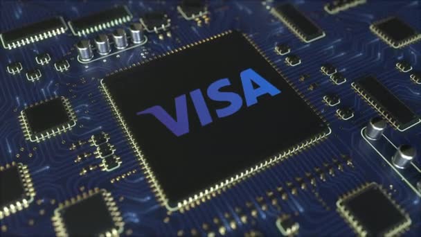 Tarjeta de circuito impreso por computadora o PCB con logotipo de Visa Inc.. Editorial conceptual Animación 3D — Vídeo de stock