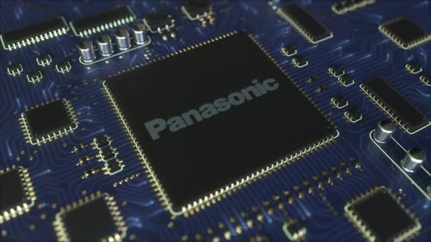 Компьютерная печатная плата или печатная плата с логотипом Panasonic Corporation. Концептуальная редакционная 3D анимация — стоковое видео