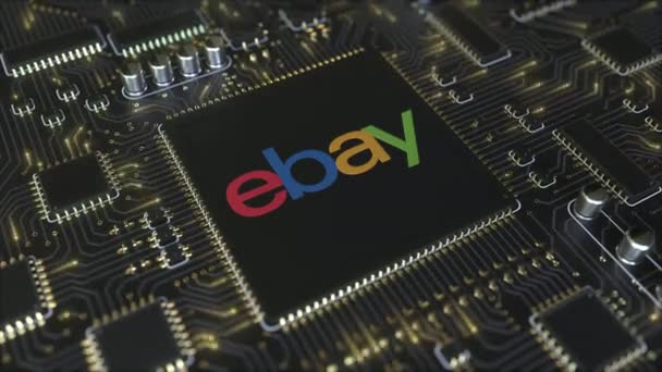 Komputer mencetak papan sirkuit atau PCB dengan logo eBay Inc.. Animasi 3D konseptual — Stok Video