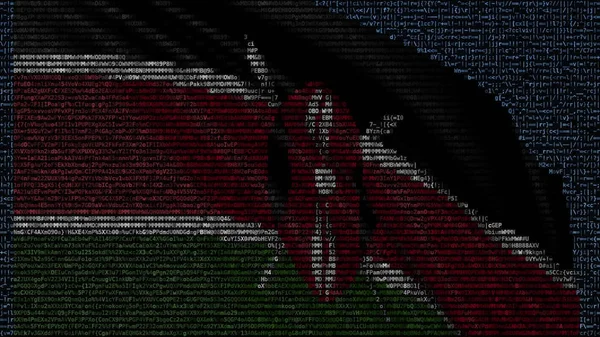 Κυματίζει σημαία της Κένυας φτιαγμένοι από σύμβολα κείμενο στην οθόνη του υπολογιστή. Εννοιολογική 3d rendering — Φωτογραφία Αρχείου