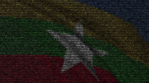 Viftande flagga Myanmar gjord av textsymboler på en datorskärm. Konceptuell 3d-rendering — Stockfoto