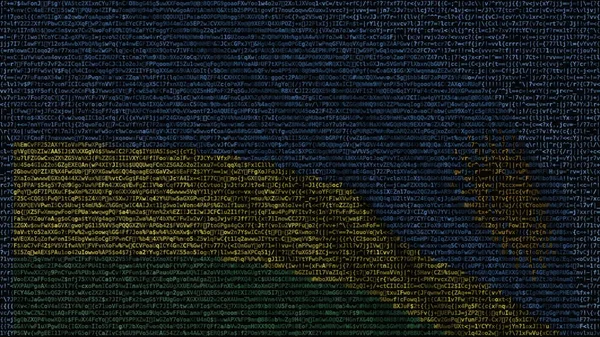 Flagge Ruandas aus Textsymbolen auf einem Computerbildschirm schwenkend. konzeptionelles 3D-Rendering — Stockfoto